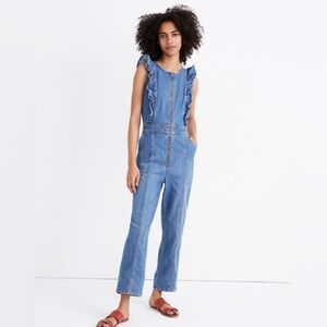 Denim Ruffle-Sleeve Zip-Front Jumpsuit